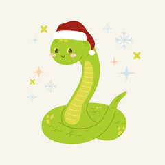 2025 New Year's card with cute snake in Santa's hat and graphic stars and snowflakes on background. Simple vector illustration. Traditional zodiac symbol. Funny reptile, wild animal.