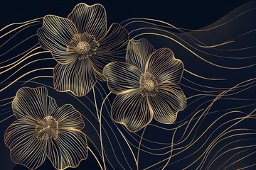 Golden wild flower line art background for decoration. Generative Ai