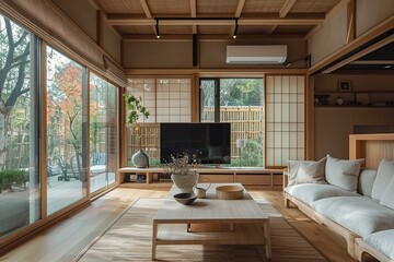Japandi interior design of a contemporary living room house. Generative Ai