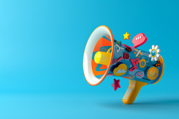 Vibrant  megaphone various marketing buzzwords like SEO social media  public relations Concept Marketing Trends