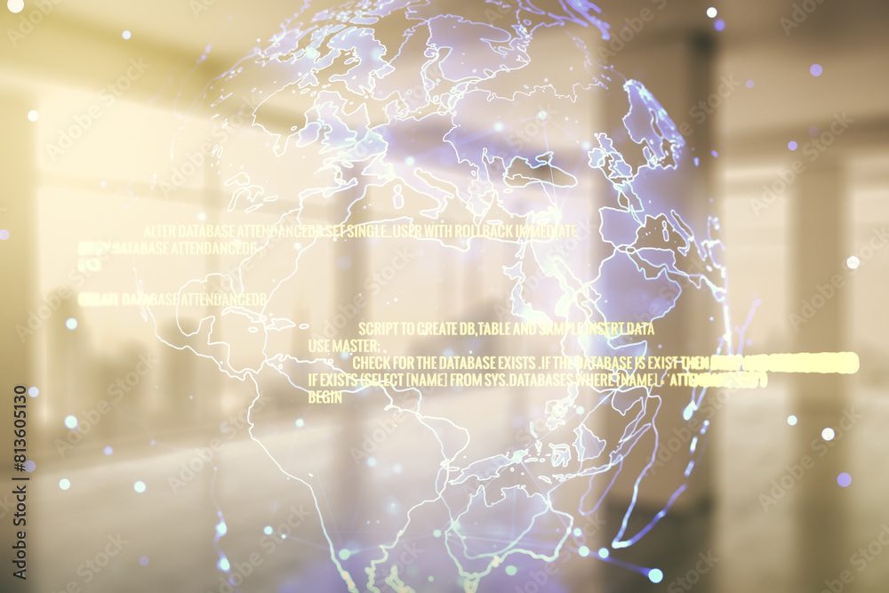 Aufkleber multi exposure of abstract programming language hologram and world map on abstract empty interior ba