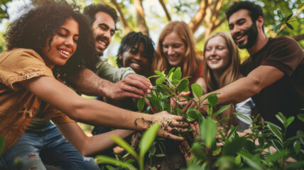 people and ecology concept - group of happy volunteers planting