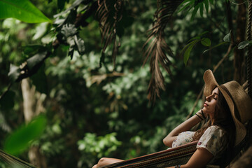 woman relaxing in the jungle, sitting on a hammock