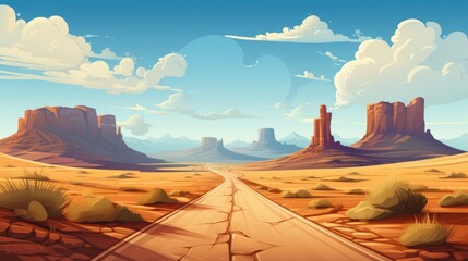 Epic road trip cartoon illustration - Generative AI. Road, sunset, mountain, pines.