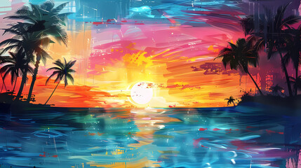 abstract tropical sunset over the ocean with palm trees