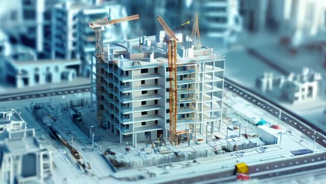 construction project, multi-storey building under construction on blueprint