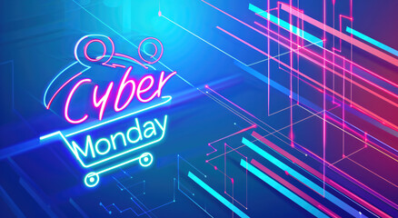 Cyber Monday Glitch Banner. Cyberpunk-Style Promotion with Distorted Text and Glowing Effects