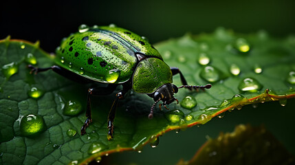 Green bug resting on a vibrant green leaf