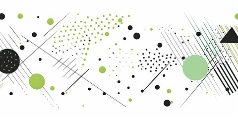 A simple vector graphic design of an abstract pattern using black, white and green on the right side with small shapes and dots. It is on top of a plain white background