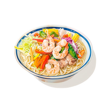 Watercolor illustration of chanpon noodles filled with vegetables and seafood on white background.