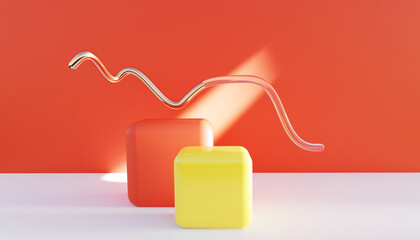 Geometric product presentation pedestal. A game of shapes and bright colors created by acrylic glass. Scene for beauty products, decorations, makeup and accessories. 3d.
