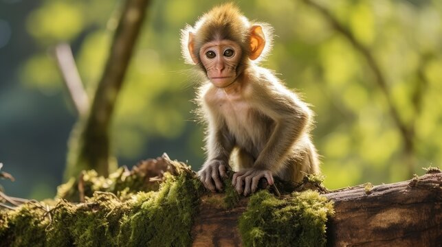 Cute monkey sitting on mossy log in forest, wildlife photography