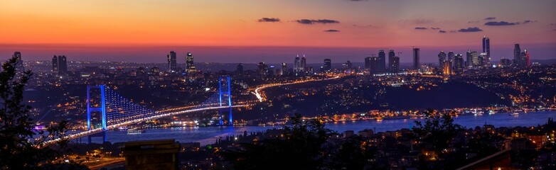 Panoramic shot of The Bosphorus Bridge during sunset in Turkey