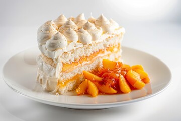 Elegant Restaurant Setting for Angel Food Cake with Crimson Passion Fruit Coulis