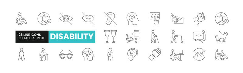 Set of 26 Disability line icons set. Disability outline icons with editable stroke collection. Includes Blindness, Deafness, Care Taker, Hearing Aid, Myopia, and More.