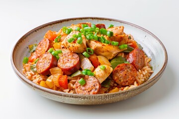 Fototapeta premium Delicious Andouille and Chicken Jambalaya with Fresh Celery