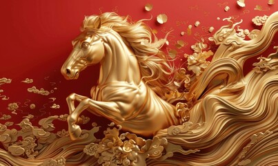 Golden horse on red background