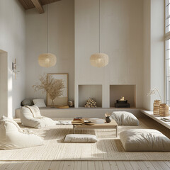 Scandinavian living room with a serene and tranquil design, focusing on sustainability and natural materials.