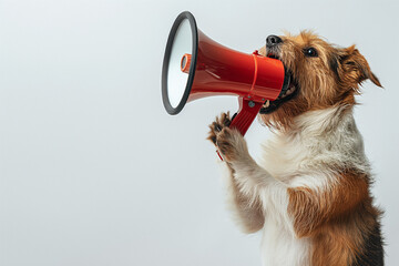 Engaging image of a Jack Russell Terrier holding a red megaphone, creatively symbolizing communication and the need to be heard in a whimsical fashion - AI generated