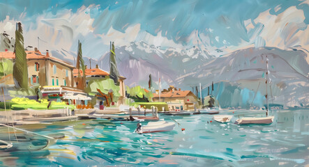 Artistic impression of a serene lakeside village with boats and mountains