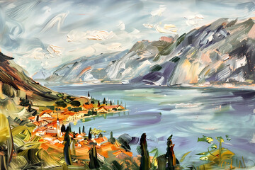 Vibrant coastal village digital oil painting