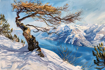 Winter landscape with snow-covered tree overlooking mountain lake