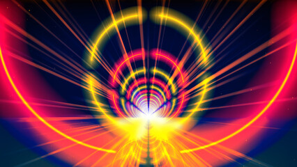 Flight movement through arcade of glowing neon tunnel, corridor, circle. Abstract geometric background, flying in cyberspace. Red yellow gold neon arch, perspective. Bright golden glow. Design element