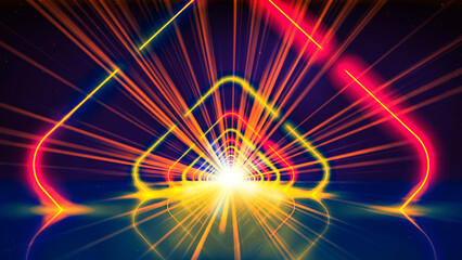 Flight movement through arcade of glowing neon tunnel, corridor, square. Abstract geometric background, flying in cyberspace. Red yellow gold neon arch, perspective. Bright golden glow. Design element