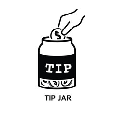 Tip jar icon. Hand dropping a coin into jar isolated on background vector illustration.