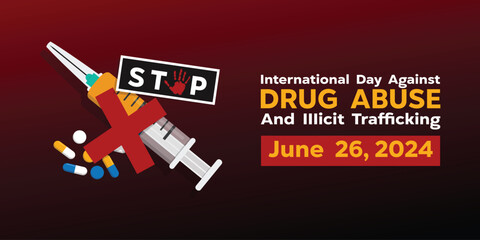 International Day Against Drug Abuse. Drugs, syringes, x signs and more. Great for cards, banners, posters, social media and more. Red background. 
