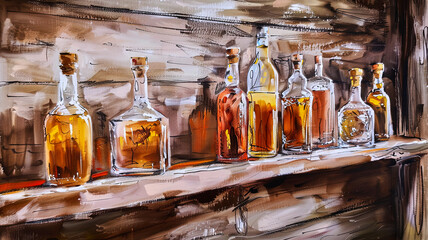Artistic oil painting of amber-hued bottles lined up on a rustic shelf