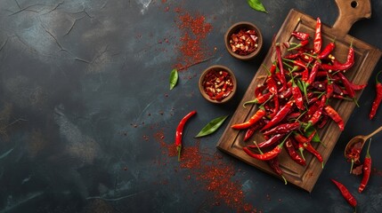 Fiery Delights: A Vibrant Display of Dry Hot Chili Peppers on a Dark Background