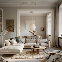 Scandinavian living room with an open plan, featuring a subtle mix of textures and serene color tones.
