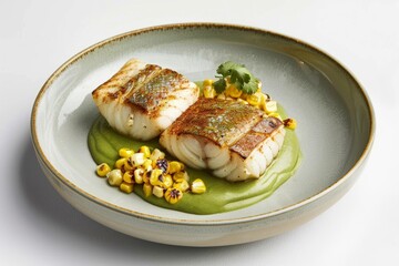 Ancho Dusted Monkfish with Spicy Green Curry-Roasted Corn Sauce