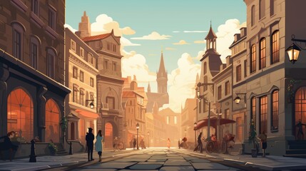 Fototapeta premium Historic city exploration cartoon illustration - Generative AI. Historic, building, city, people.