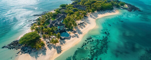 Aerial drone view of 5 star resort Shangri - La Le Touessrok with sandy beach, white villas and pool, Ilot Lievres, Flacq, Mauritius.