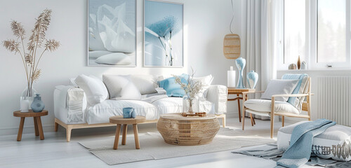 Scandinavian living room with a simple yet elegant design, featuring white walls, light wood, and soft blue accents.