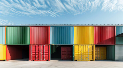 Naklejka premium Warehouse with a protective outer shell made from corrugated colorful metal, designed to be both visually appealing and highly functional against weather elements.