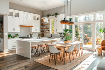 A large, open kitchen with a white island and a wooden dining table