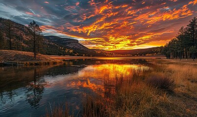Obraz premium Sunrise colored gold by nearby wildfires, Eagle Nest State Lake Park, New Mexico