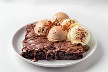 Fototapeta na wymiar Ancho Brownie Sundae with Chocolate Drizzle and Scoops of Ice Cream