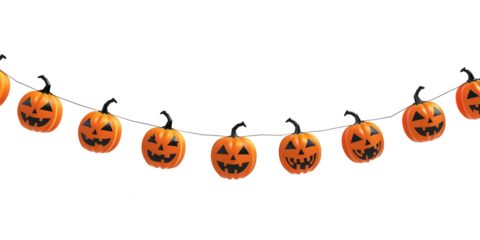 Halloween festive garland of pumpkins isolated on a white background. Getting ready for a Halloween party. Celebrate a fun Halloween in the fall.