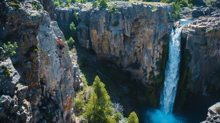 A rock climber scales a cliff face while a waterfall cascades down the mountainside in the background.