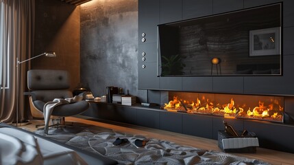 A bedroom with a sleek, wall-mounted TV, a contemporary fireplace, and a comfortable reading chair