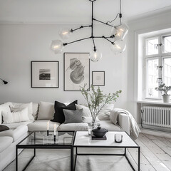 Scandinavian living room with a monochrome color palette, clean lines, and a statement light fixture.