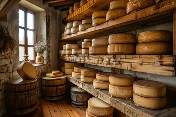 A picturesque countryside landscape with a traditional cheese-making farm, aged to perfection in wooden cellars.