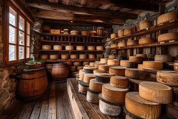 A picturesque countryside landscape with a traditional cheese-making farm, aged to perfection in wooden cellars.
