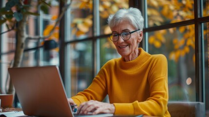 Senior Woman with Laptop in Cafe