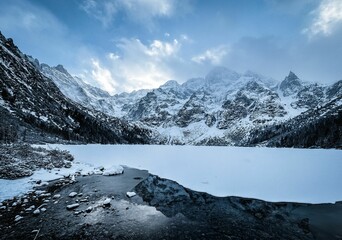 Vertical shot of a frozen lake surrounded by evergreen trees and rocky mountains covered in snow