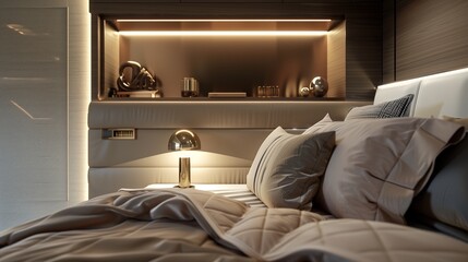 A bedroom with a sophisticated, built-in headboard, a modern bedside lamp, and a luxurious duvet cover